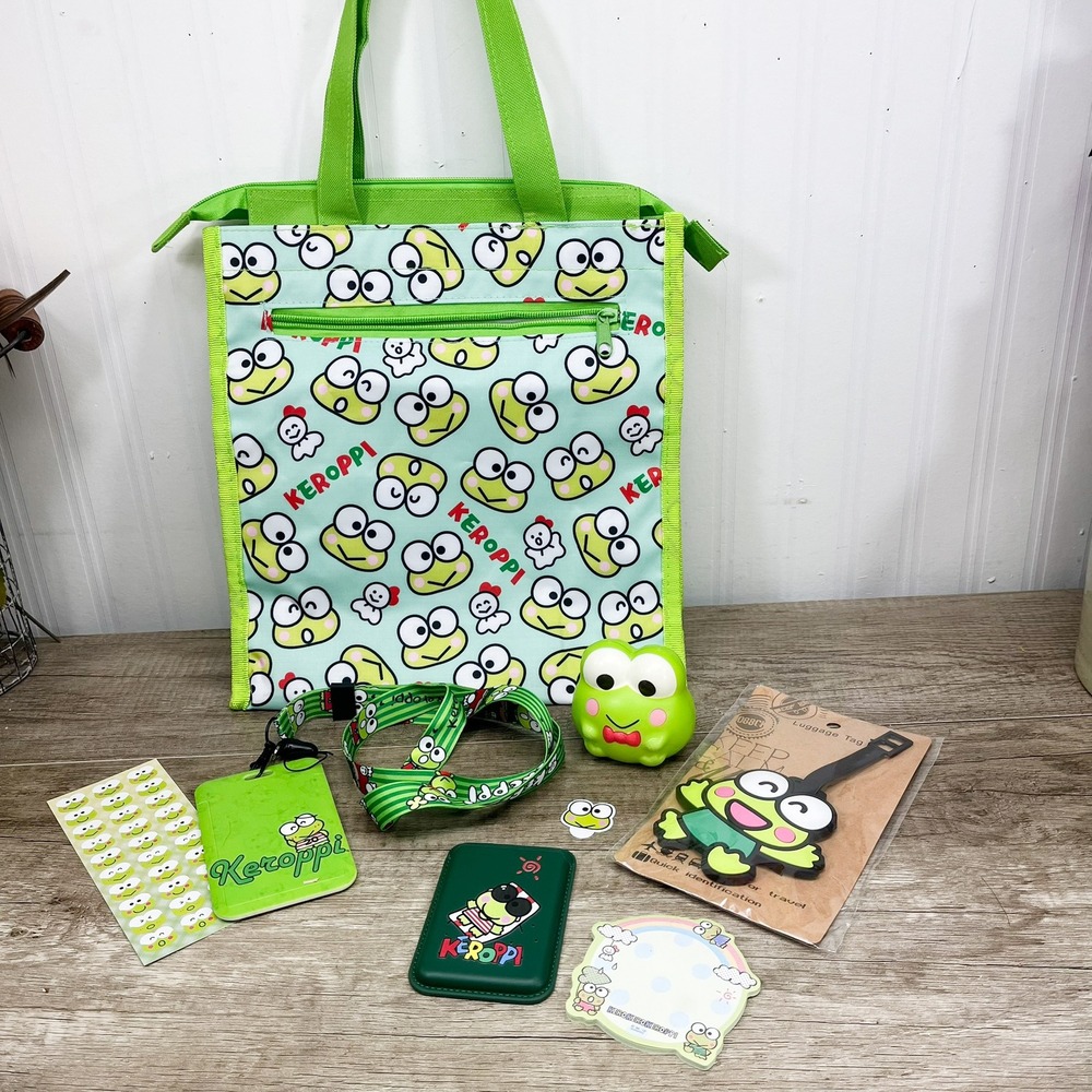 Sanrio Keroppi Accessory Bundle Tote Bag Lanyard Luggage Tag Wallet Stickers Set